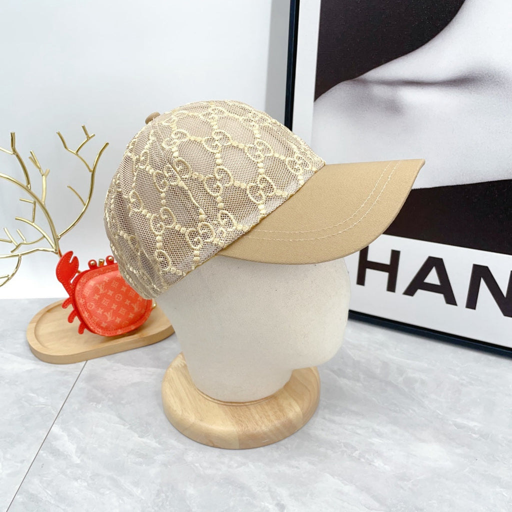 Beige monogram lace baseball cap with curved brim