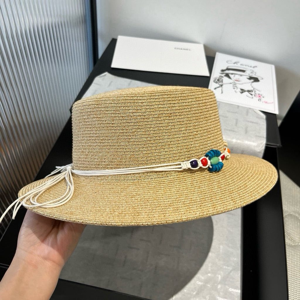 CELINE BEAD DECOR STRAW HAT MODEL 650345 IN NATURAL WOVEN STRAW