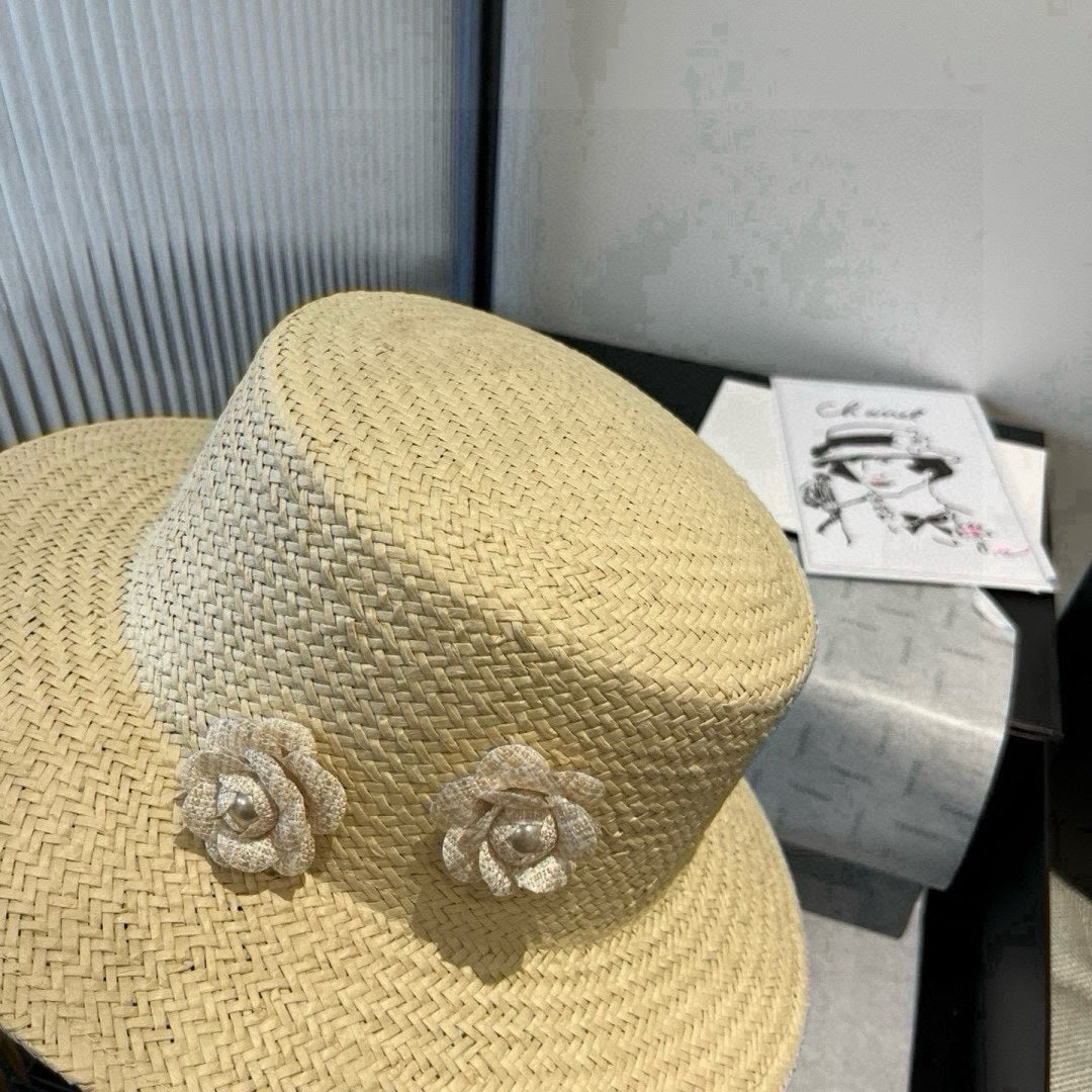 CHANEL FLAT STRAW HAT IVORY FLOWER ATTACHMENT 673932
