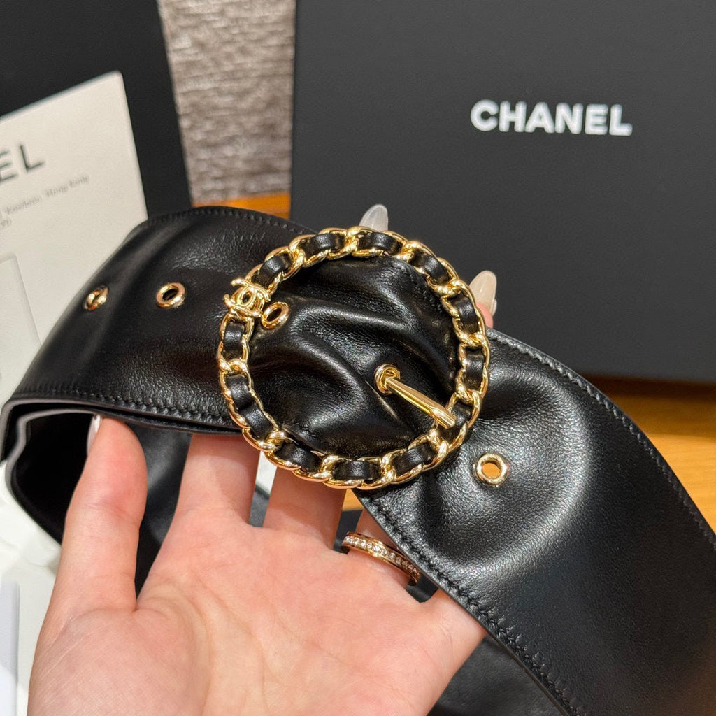 Wide Leather Women's Belt with Gold Chain-Link Buckle