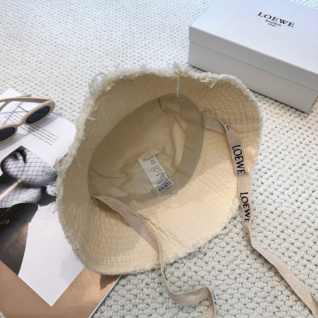 Ivory Quilted Bucket Hat with Frayed Brim and Woven Chin Strap