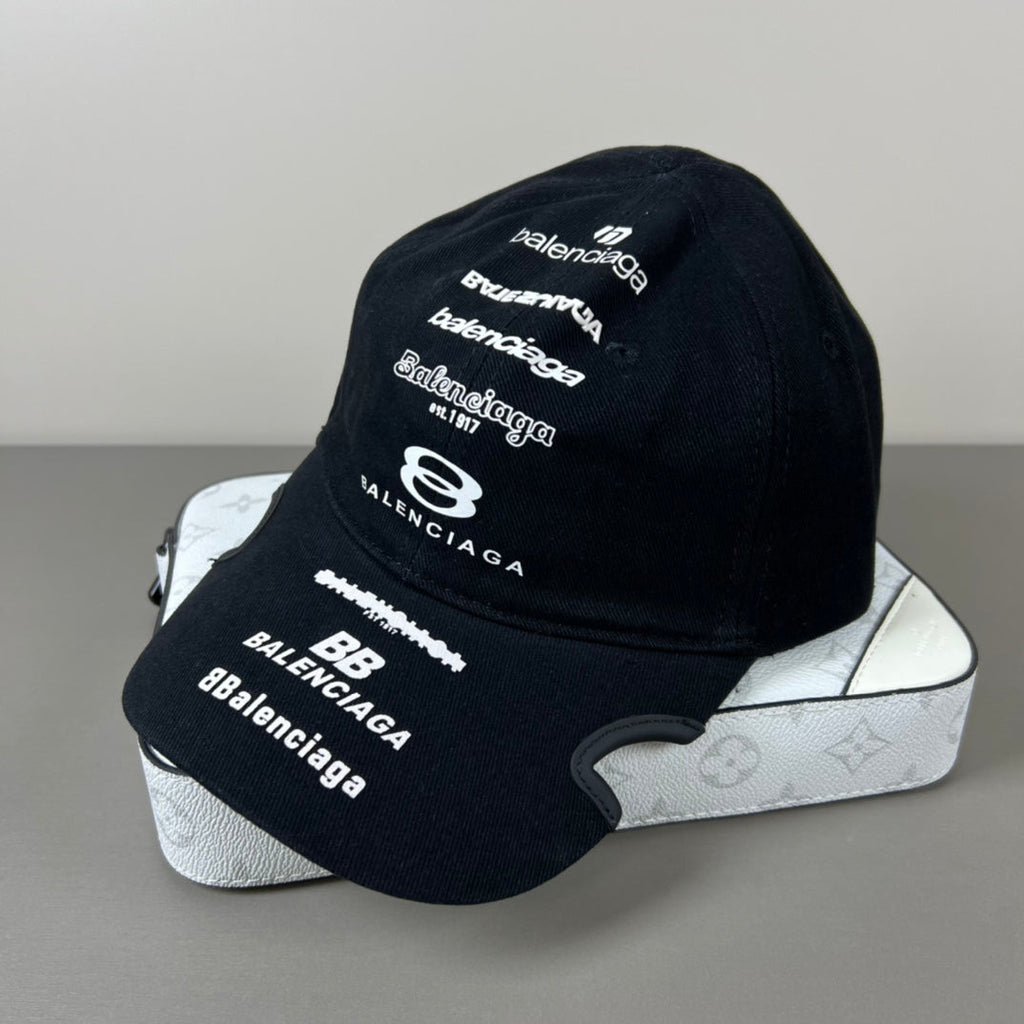 Black cotton multi‑logo embroidery cap with sculpted brim