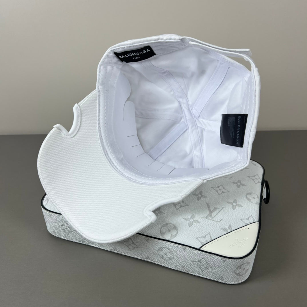 White cotton multi‑logo embroidery cap with sculpted brim