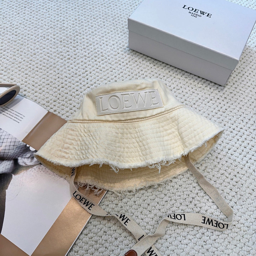 Ivory Quilted Bucket Hat with Frayed Brim and Woven Chin Strap