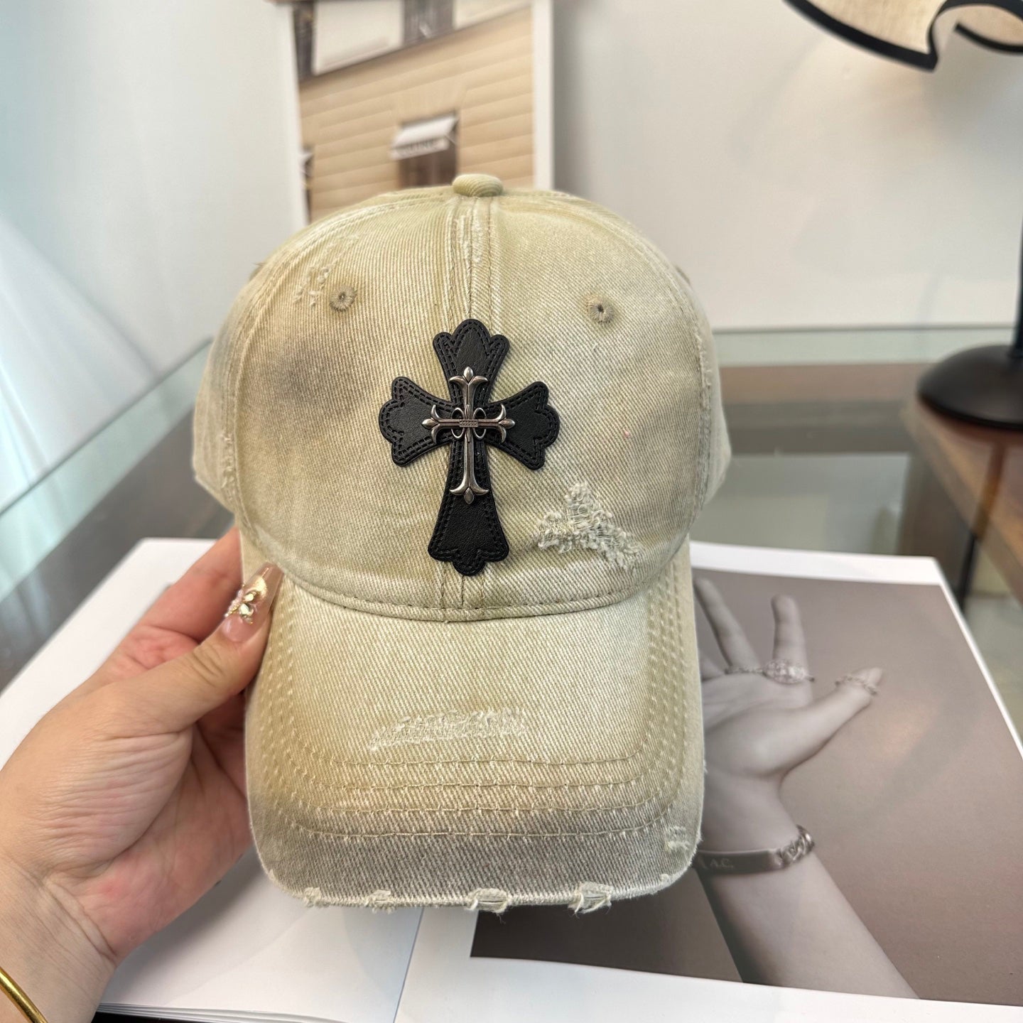 Chic Cross Embroidered Baseball Cap in Subtle Beige