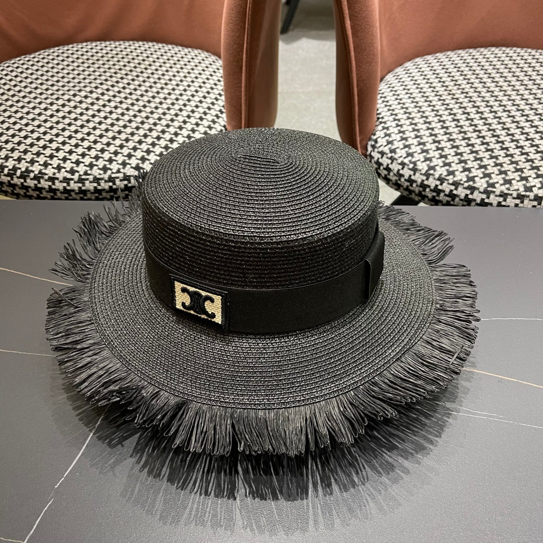 CELINE WIDE BRIM HAT MODEL 651883 IN BLACK WOVEN STRAW