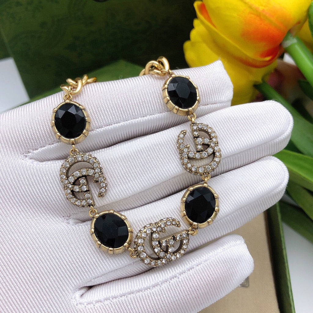 18K Double Gucci Black Stones Chain Bracelet
