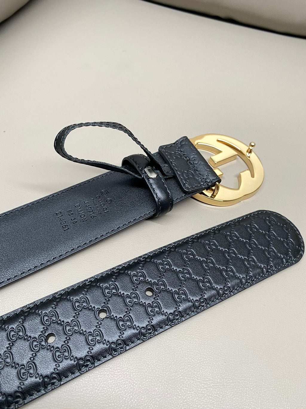 Sleek Black Leather Belt – Gold Statement Buckle & Monogram Embossed Texture | 4cm Width