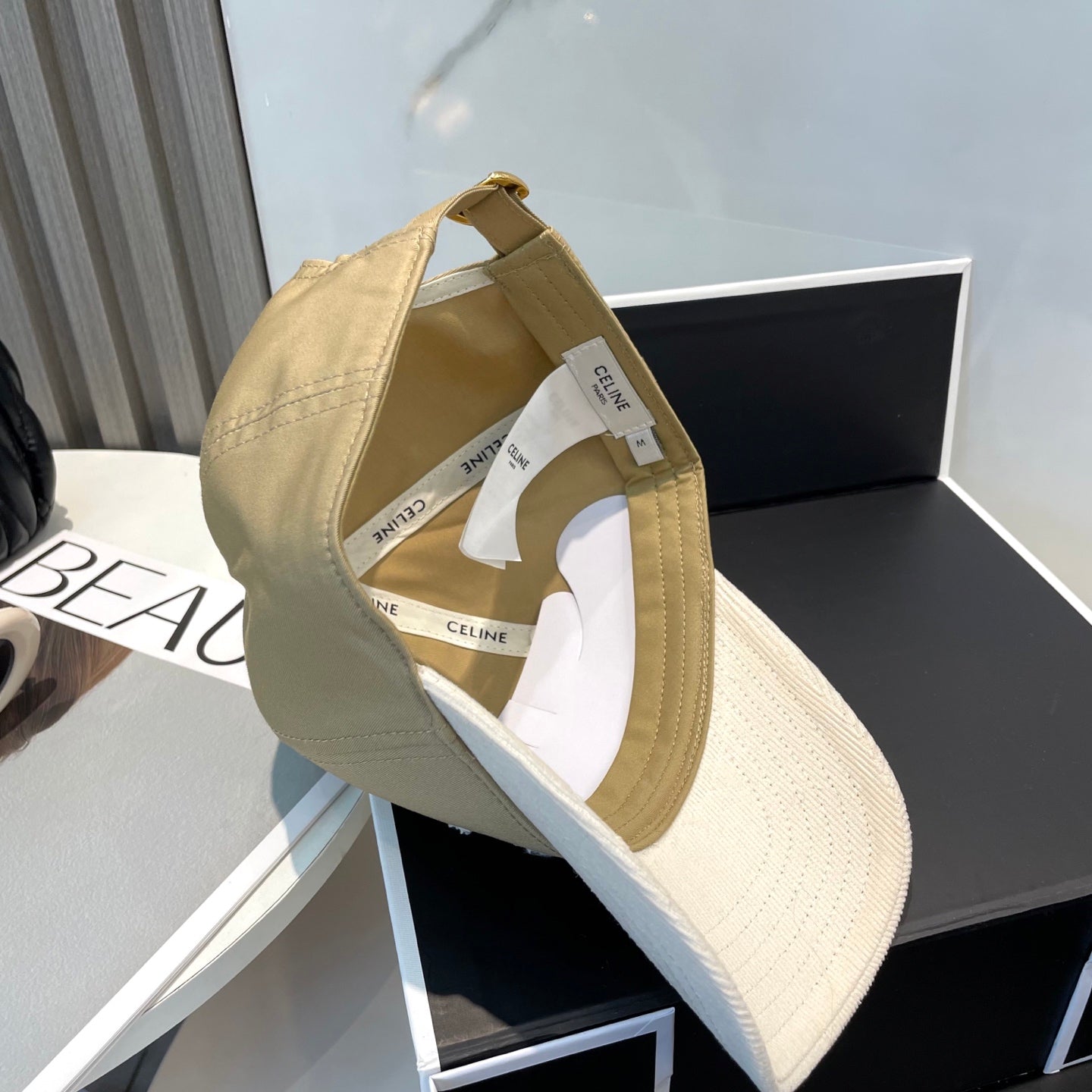 CELINE BASEBALL CAP MODEL 652406 IN OLIVE GREEN AND WHITE FABRIC