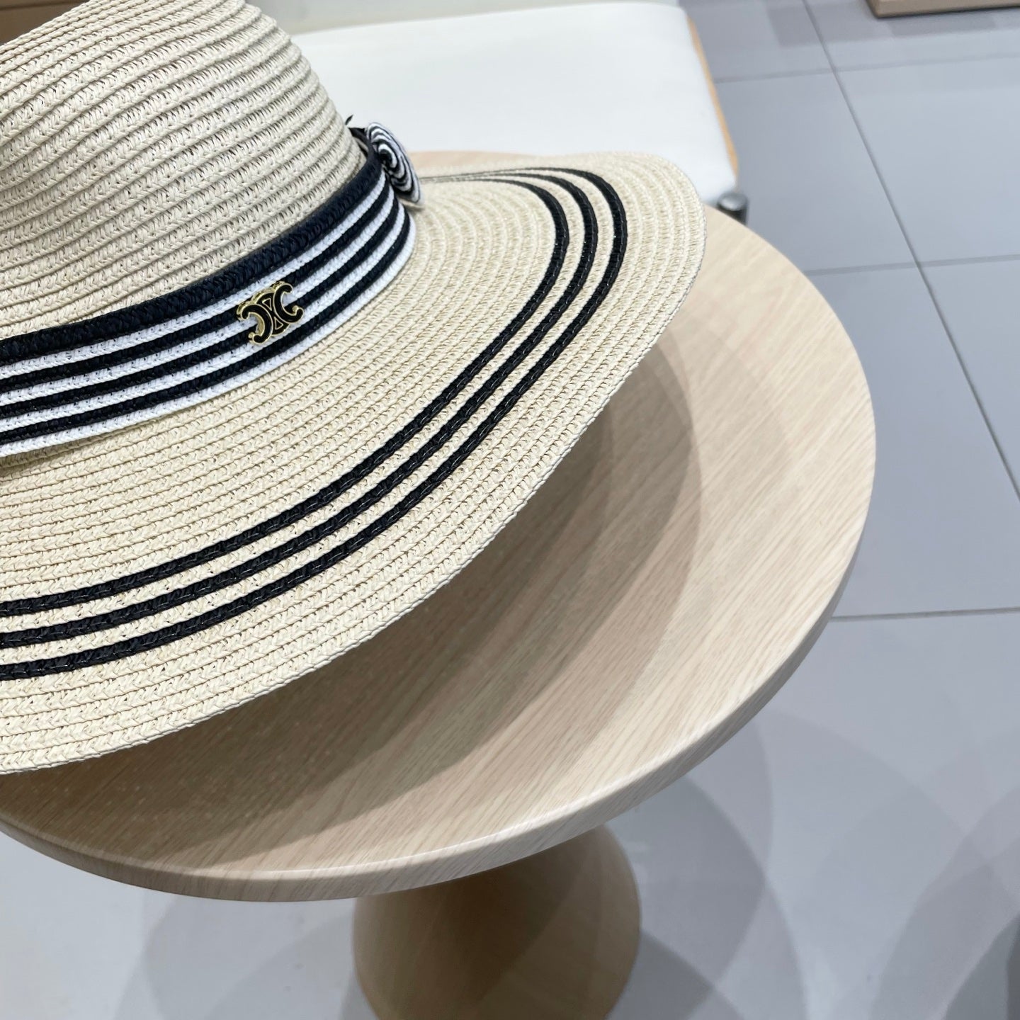 CELINE WIDE BRIM HAT MODEL 650408 IN CREAM WHITE BLACK STRIPES WOVEN STRAW
