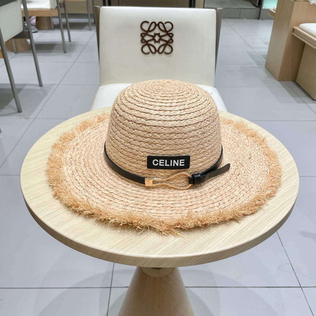 CELINE WIDE BRIM HAT MODEL 650422 IN NATURAL WITH BLACK LEATHER STRAP RAFFIA STRAW
