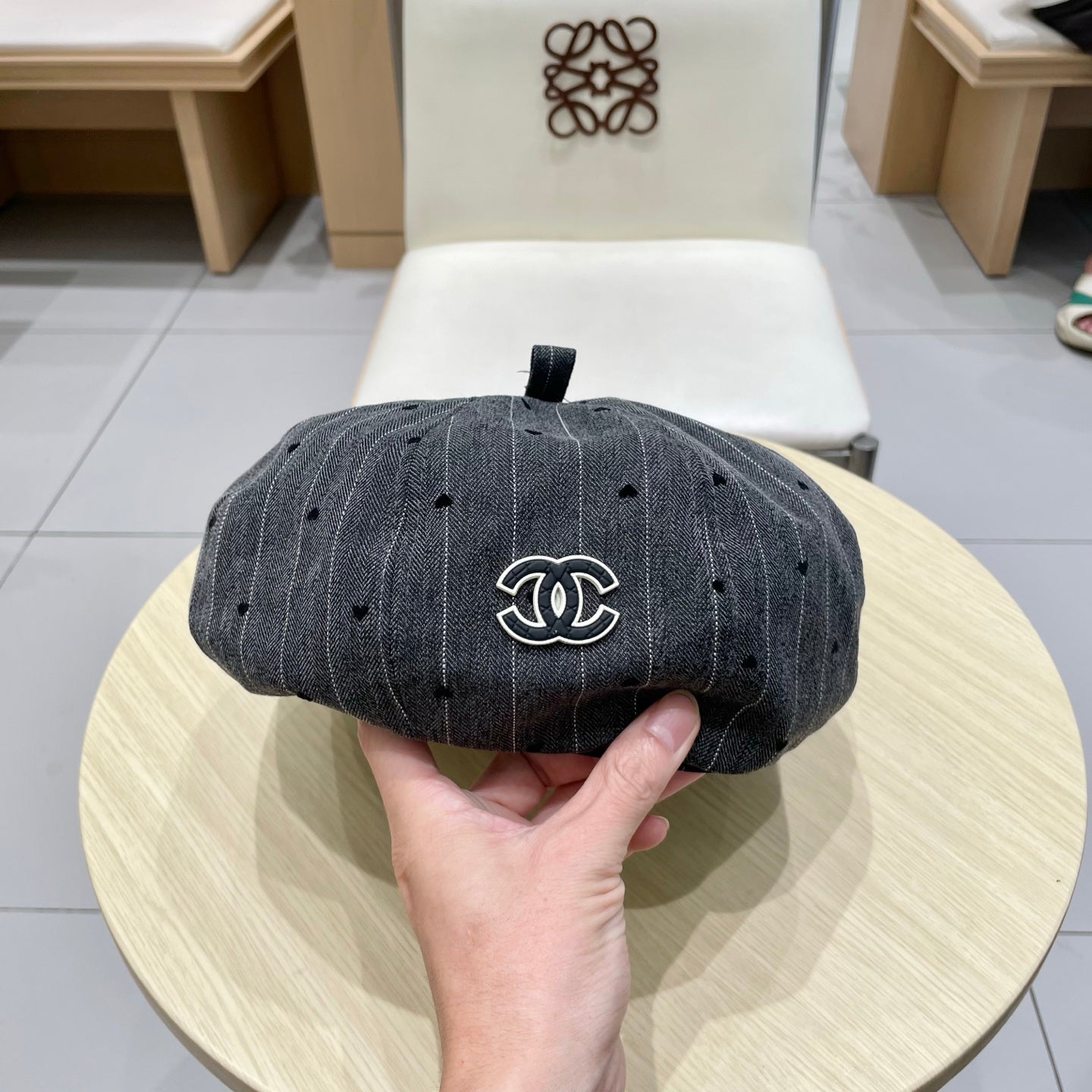 CHANEL BERET HAT POLKA DOT DARK GRAY 672672