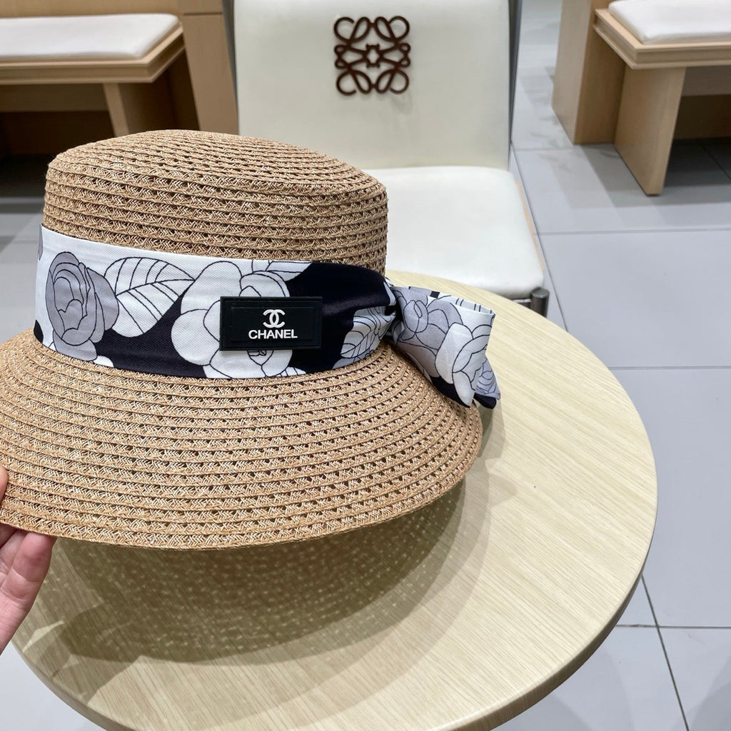 CHANEL NATURAL STRAW BUCKET HAT WITH RIBBON 672773