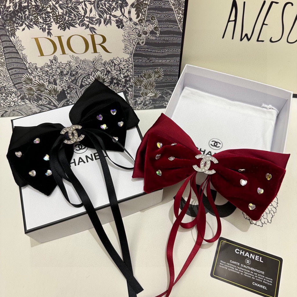 CHANEL BLACK VELVET HAIR CLIP WITH BOW AND CRYSTAL 412471