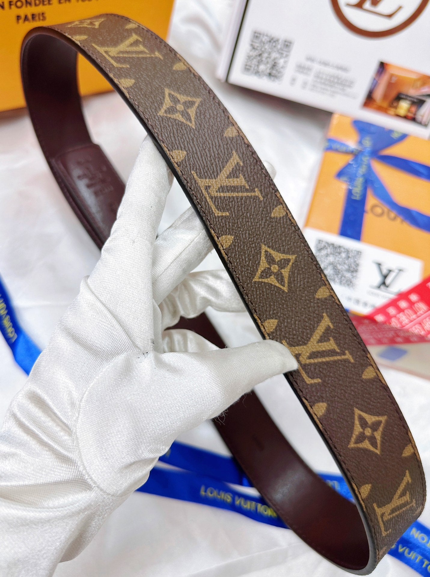 Monogram Leather Belt with Gold Geometric Buckle