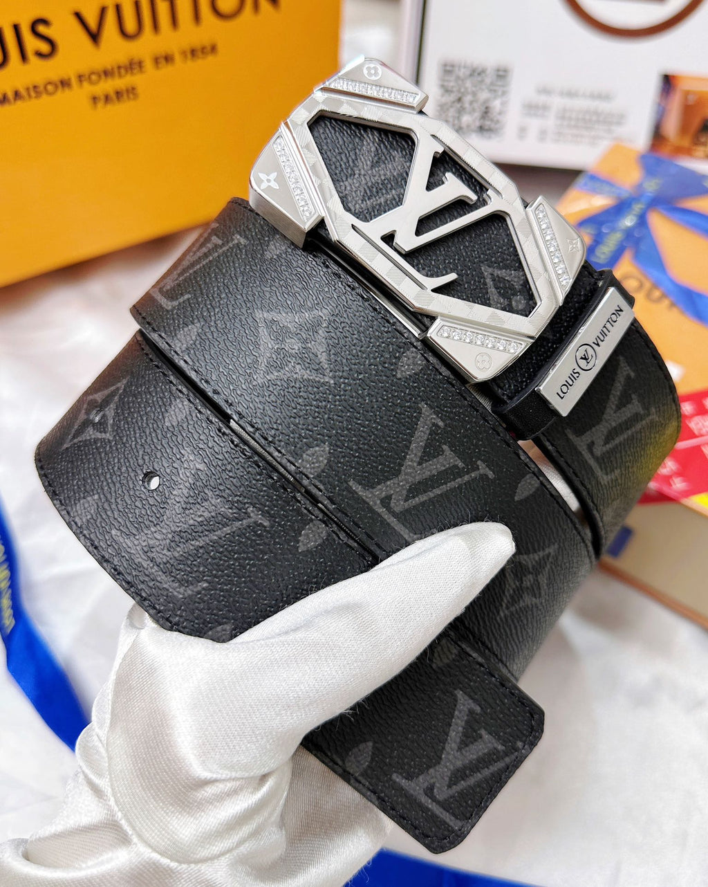 Luxury Monogram Leather Belt with Silver Geometric Buckle