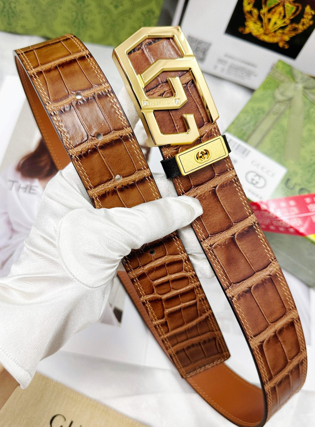 Croc-Embossed Leather Belt – Gold Geometric Buckle | Premium Men's Belt