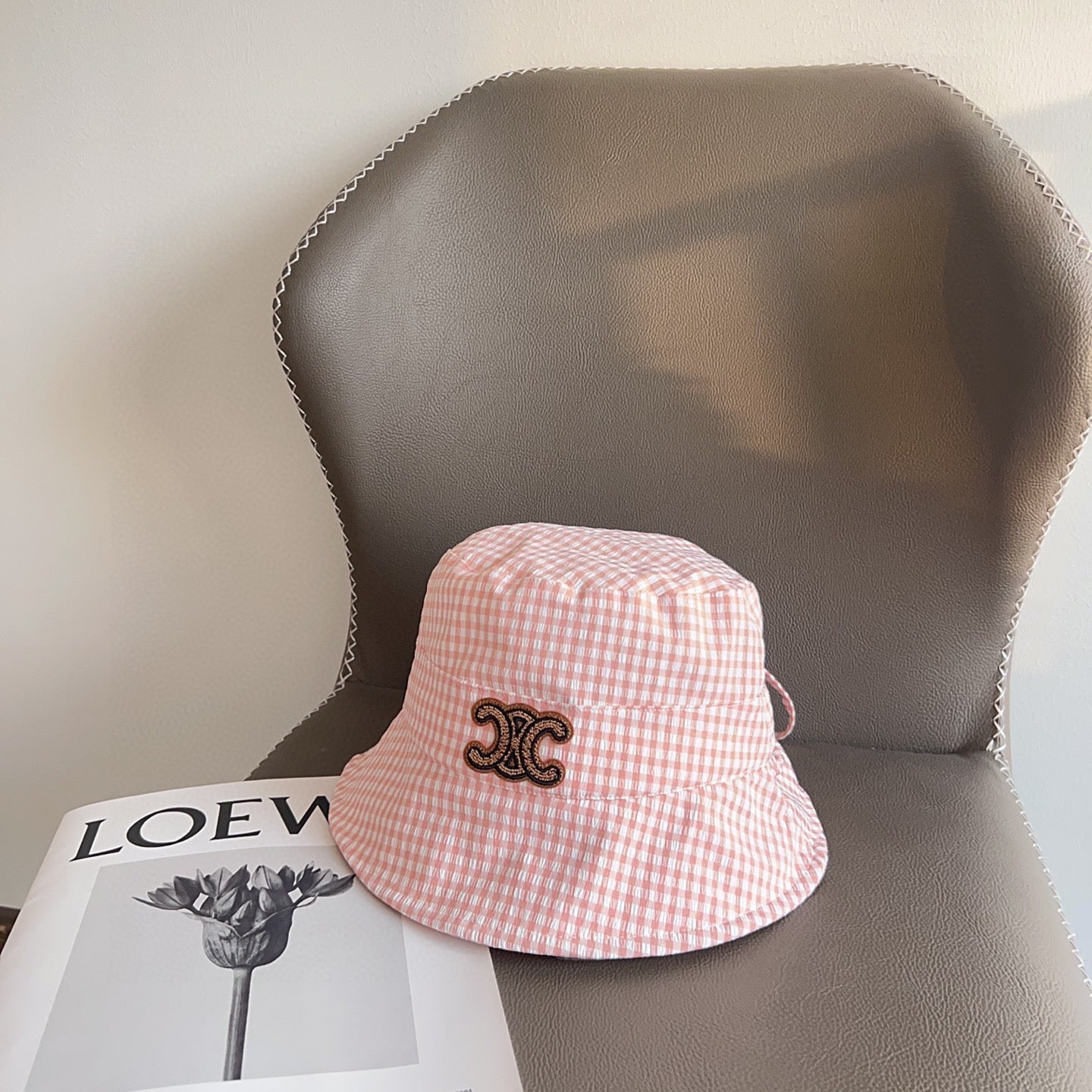 CELINE BUCKET HAT MODEL 652075 IN PINK & WHITE GINGHAM FABRIC