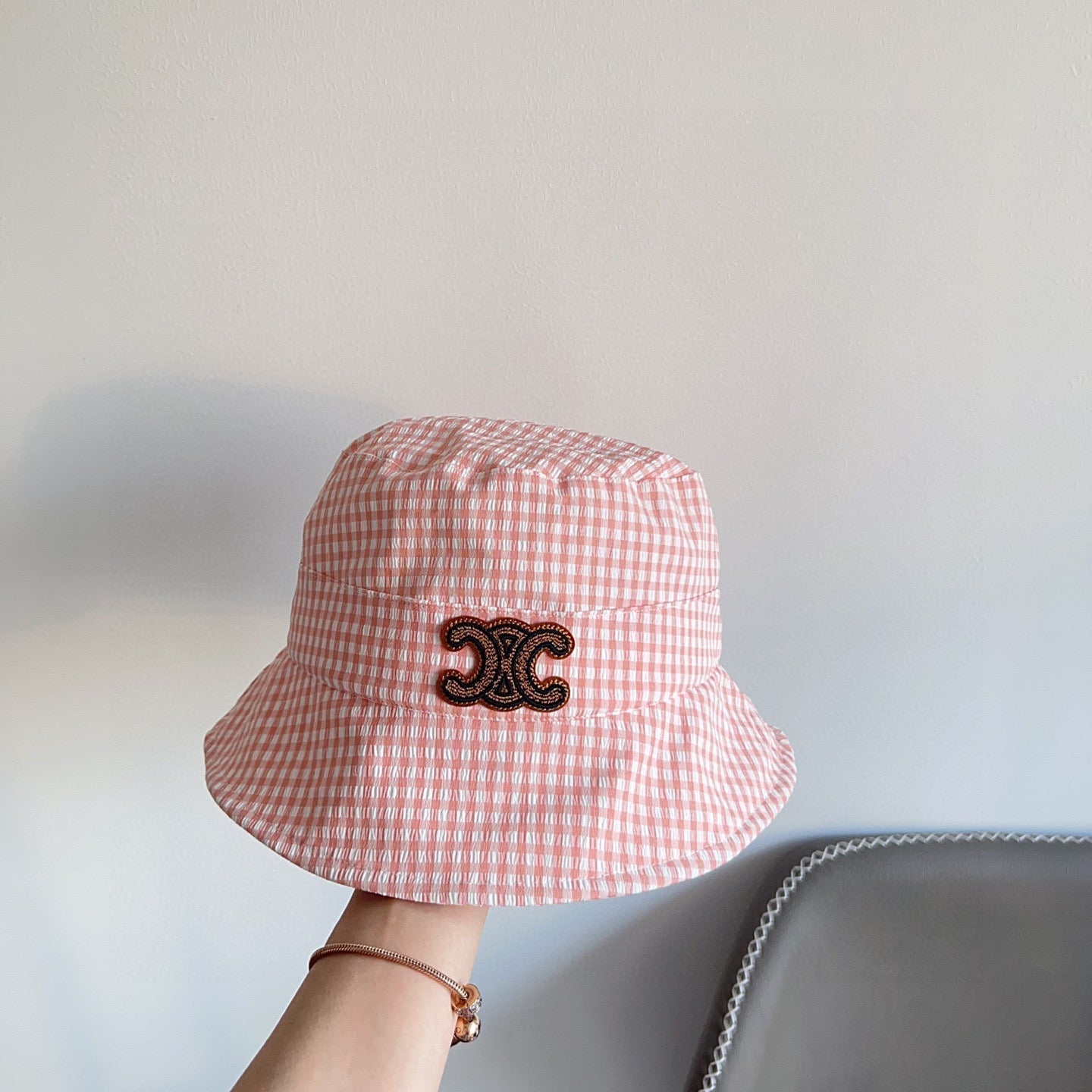 CELINE BUCKET HAT MODEL 652075 IN PINK & WHITE GINGHAM FABRIC