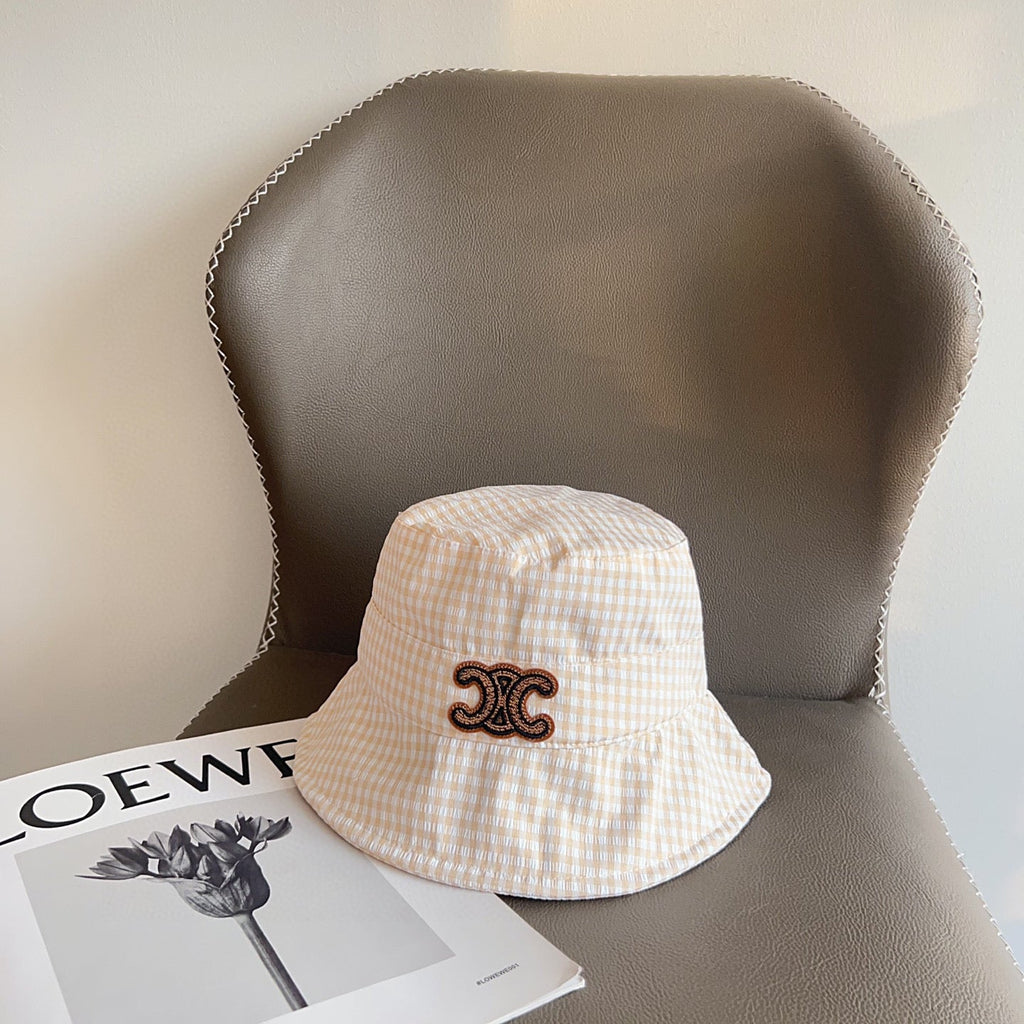 CELINE BUCKET HAT MODEL 652076 IN ORANGE & WHITE GINGHAM FABRIC