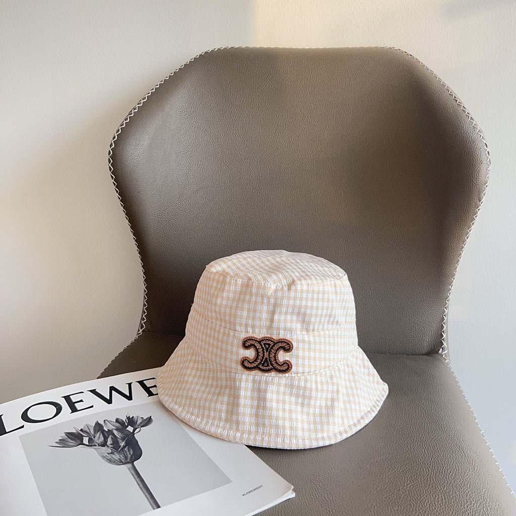 CELINE BUCKET HAT MODEL 652076 IN ORANGE & WHITE GINGHAM FABRIC
