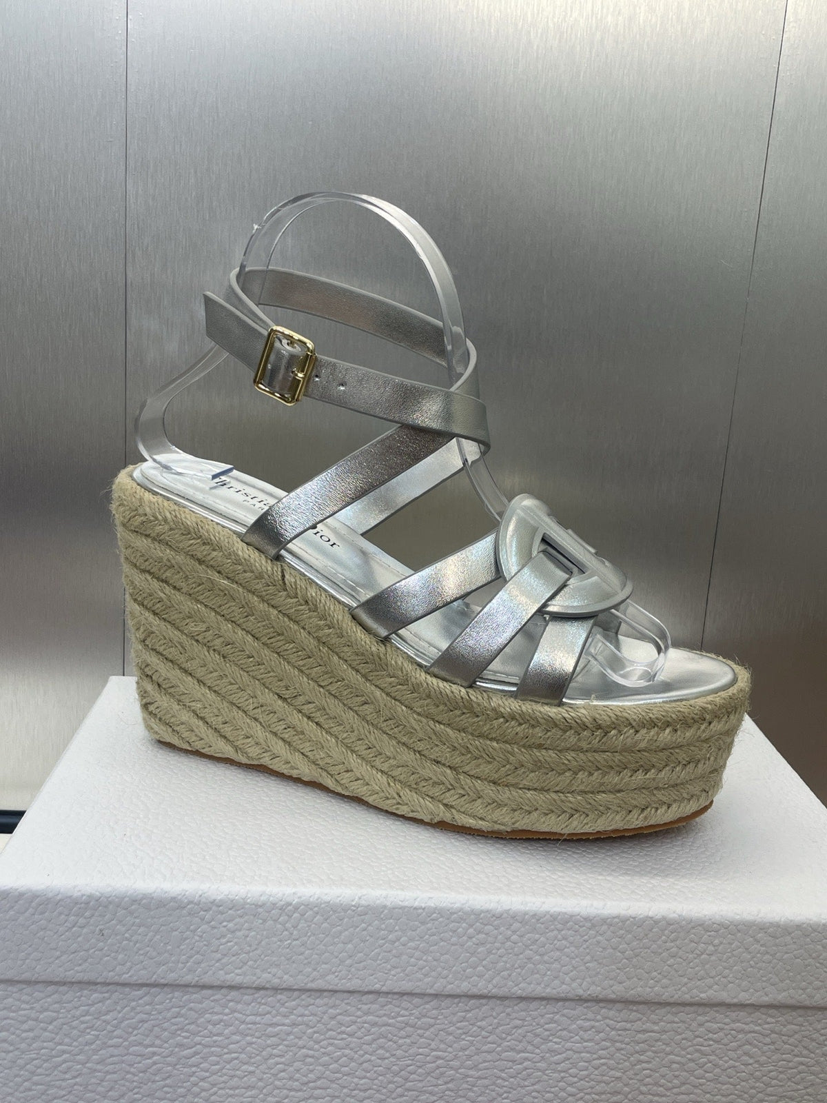 DIOR D-CLUB 25S HIGH HEEL WEDGE 100MM IN SILVER GLOSSY CALFSKIN RAFFIA SOLE