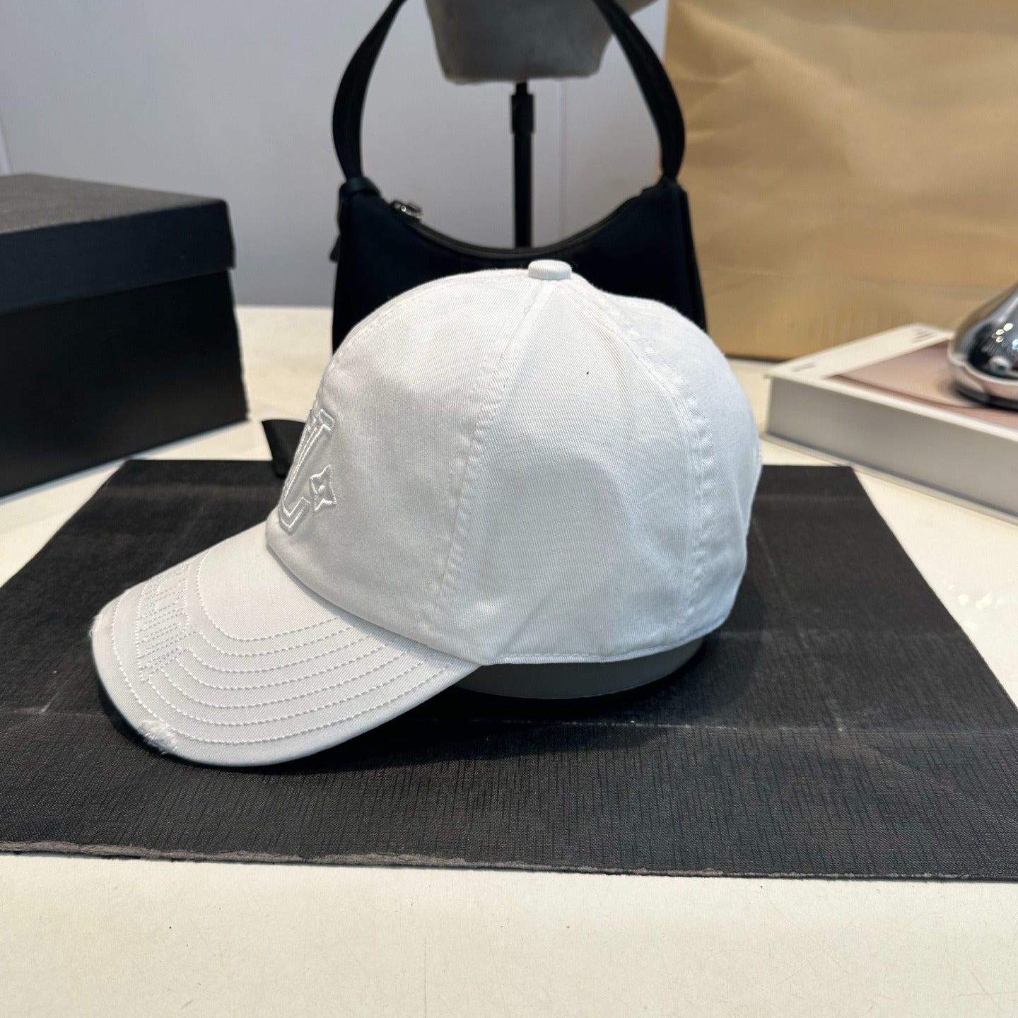 Distressed Cotton Baseball Cap with Tonal Embroidery — White