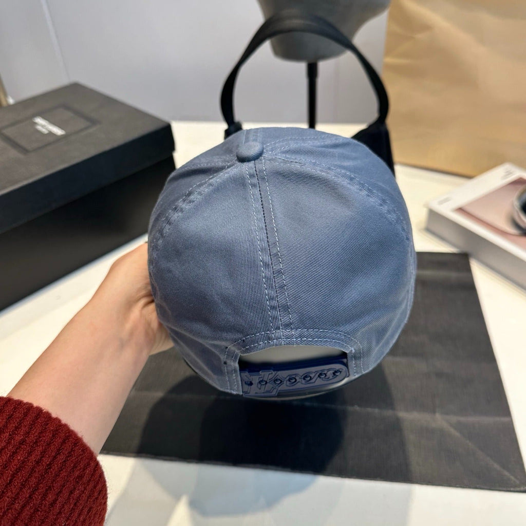 Distressed Denim Baseball Cap with Embroidered Monogram — Washed Blue