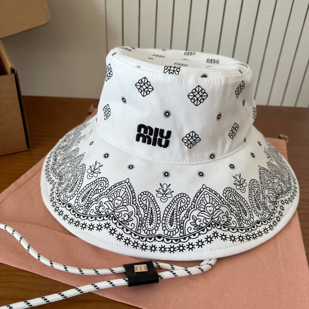Paisley Print Wide Brim Bucket Hat with Chin Cord